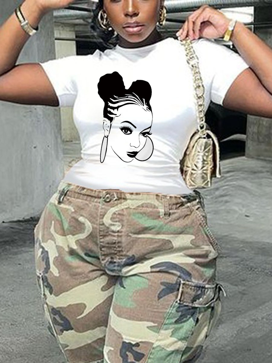 

LW Plus Size Round Neck Figure Print T-shirt, White