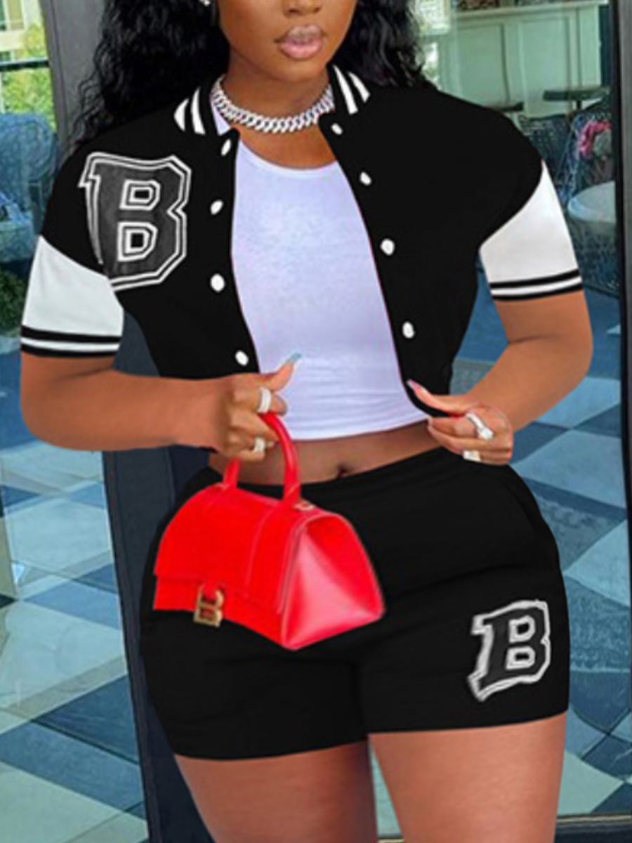 LovelyWholesale Plus Size Letter Decor Striped Shorts Set Summer Short Sleeve Street Patchwork Mandarin Collar  4X Spring Summer 2024