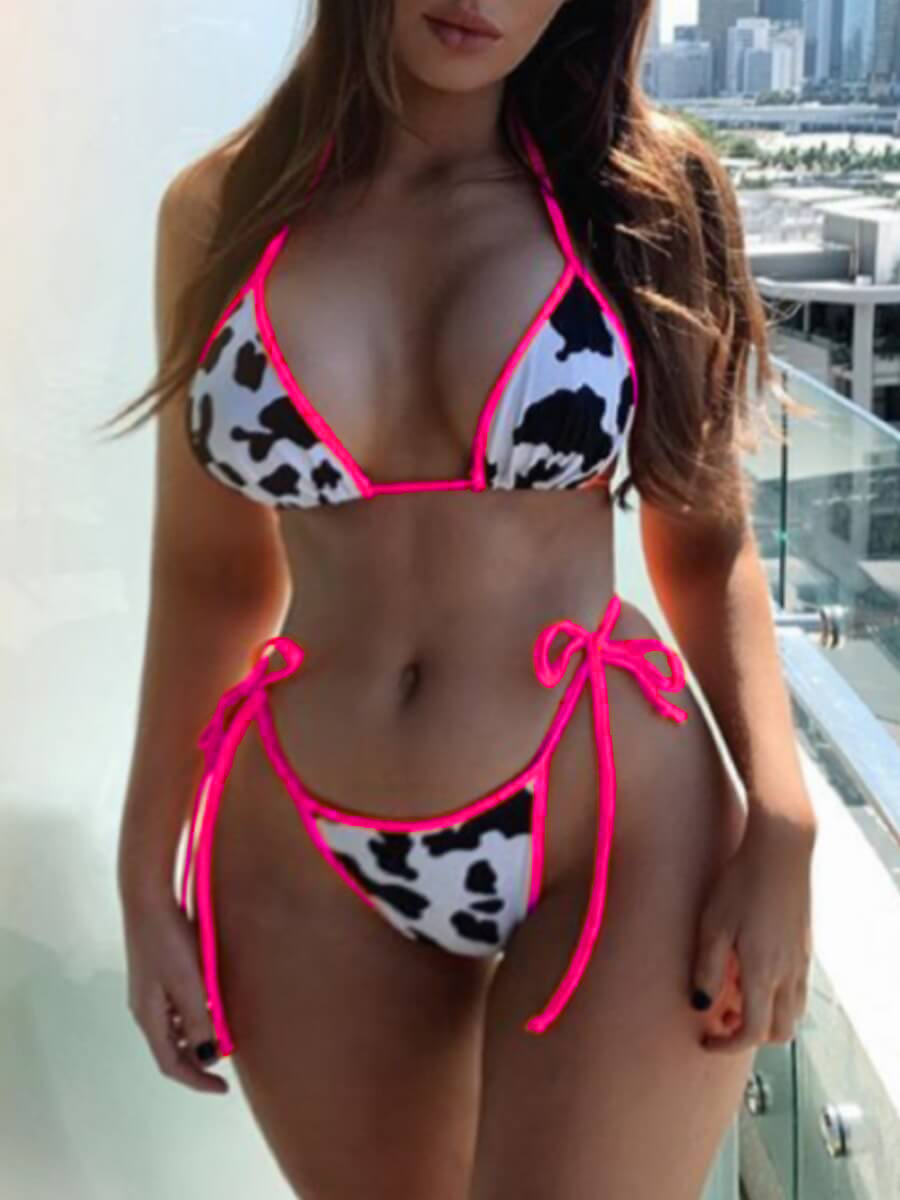 

LW SXY Cow Print Bandage Design Bikini Set, Rose red