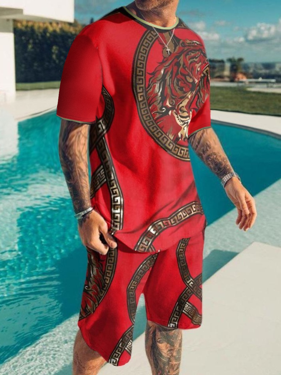 

LW Men Mixed Print Loose Shorts Set, Red