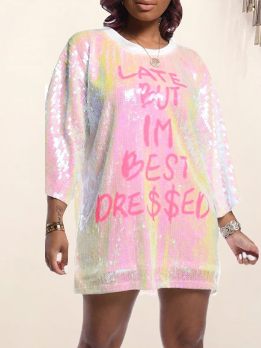 

LW Dropped Shoulder Letter Print Dress, Pink