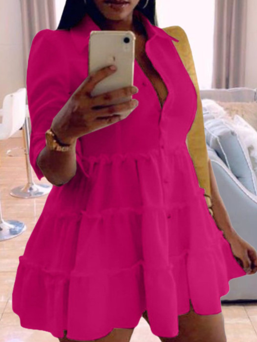 LW Button Ruffle Design A Line Shirt Dress