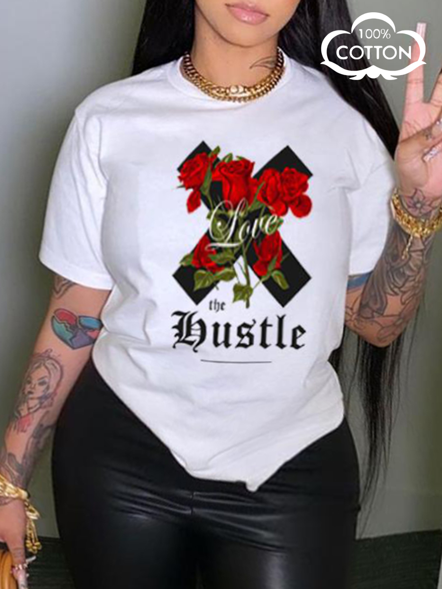 

LW COTTON Plus Size Floral Letter Print T-shirt, White