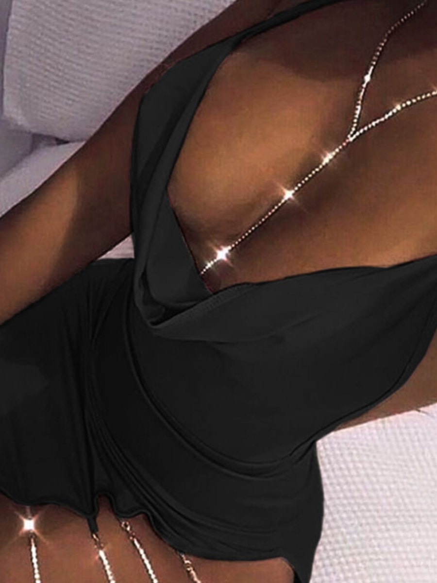 

LW SXY Backless Metal Accessories Decor Prom Dress, Black