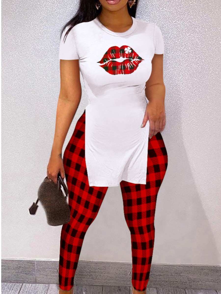 

LW Plaid Lip Print Split Pants Set, Red and black check