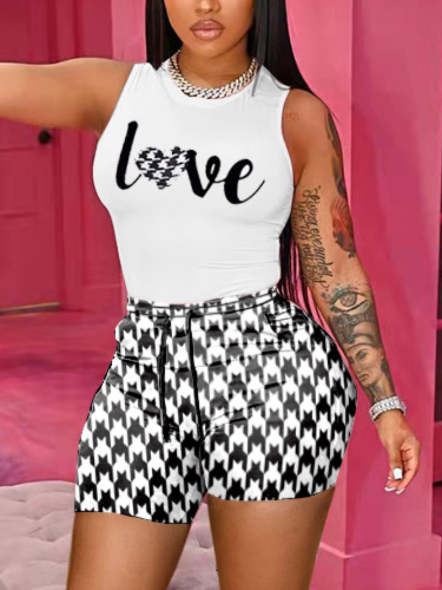 

LW Letter Print Houndstooth Shorts Set, Black & white tartan