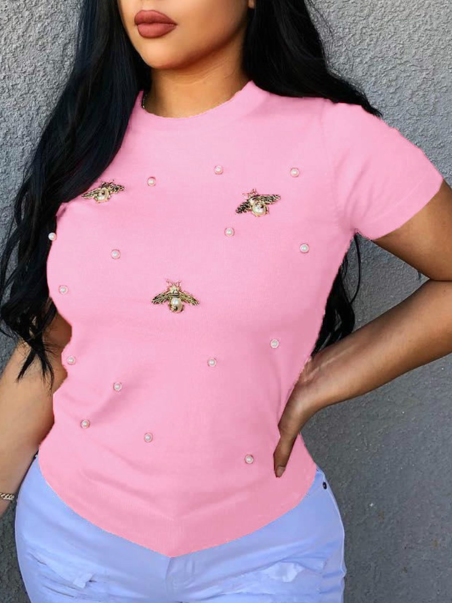 

LW Bee Pearl Decor T-shirt, Pink