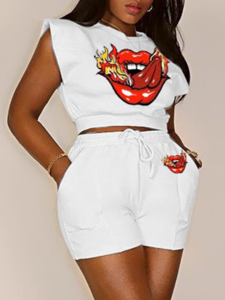 

LW Flame Lip Print Drawstring Shorts Set, White