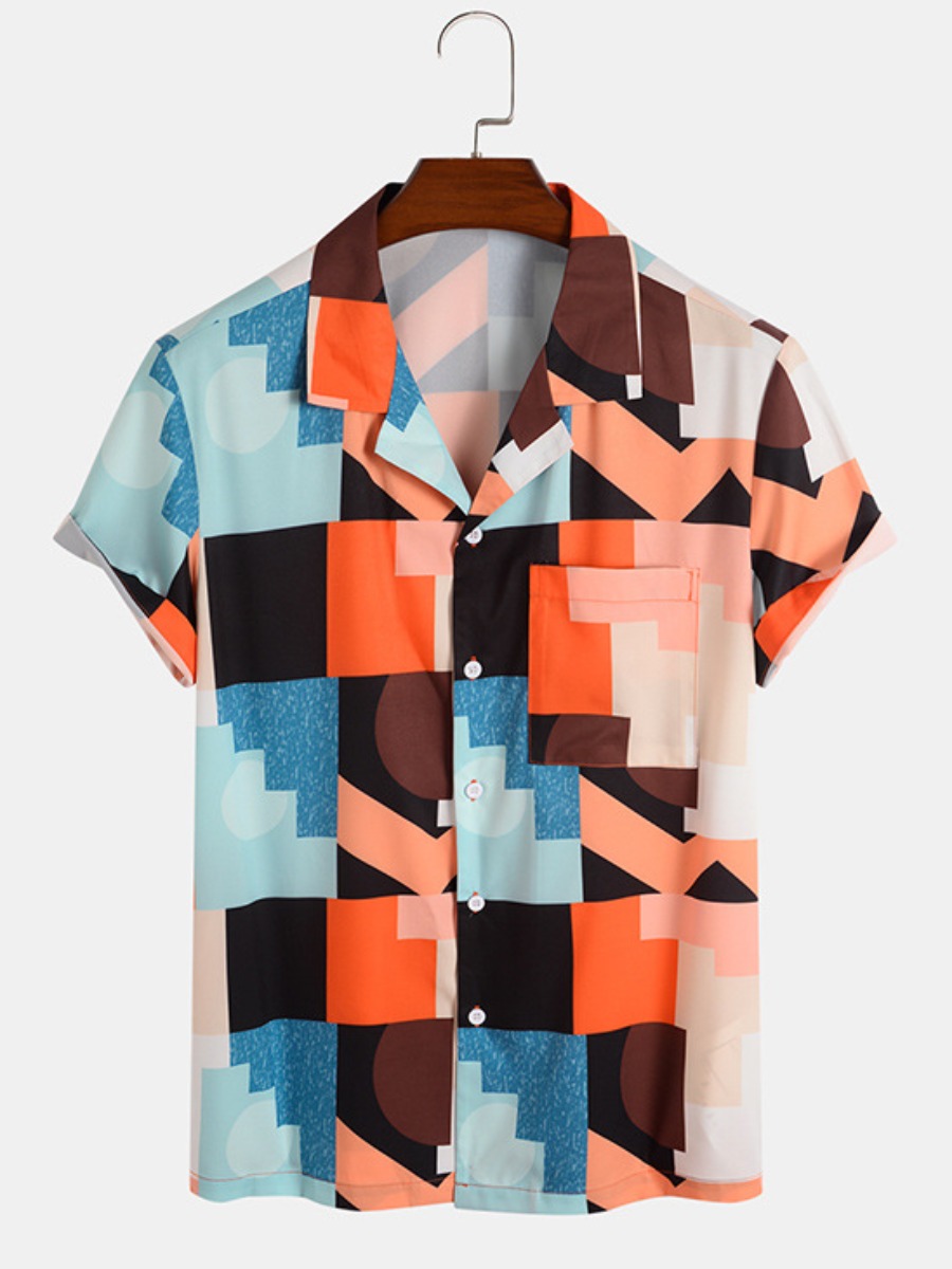 

LW COTTON Men Geometric Print Patchwork Shirt, Multi