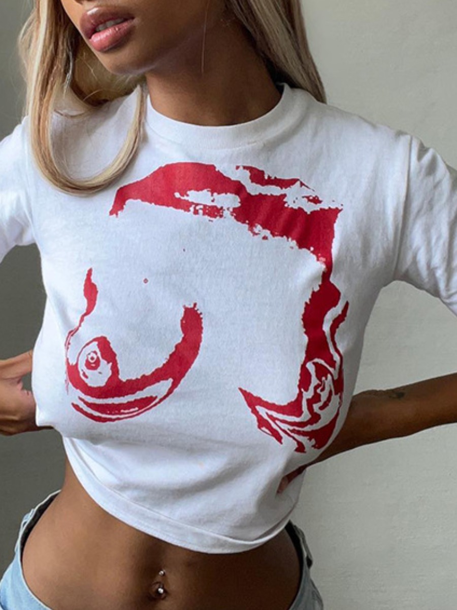 

LW Round Neck Crop Top Print T-shirt, White