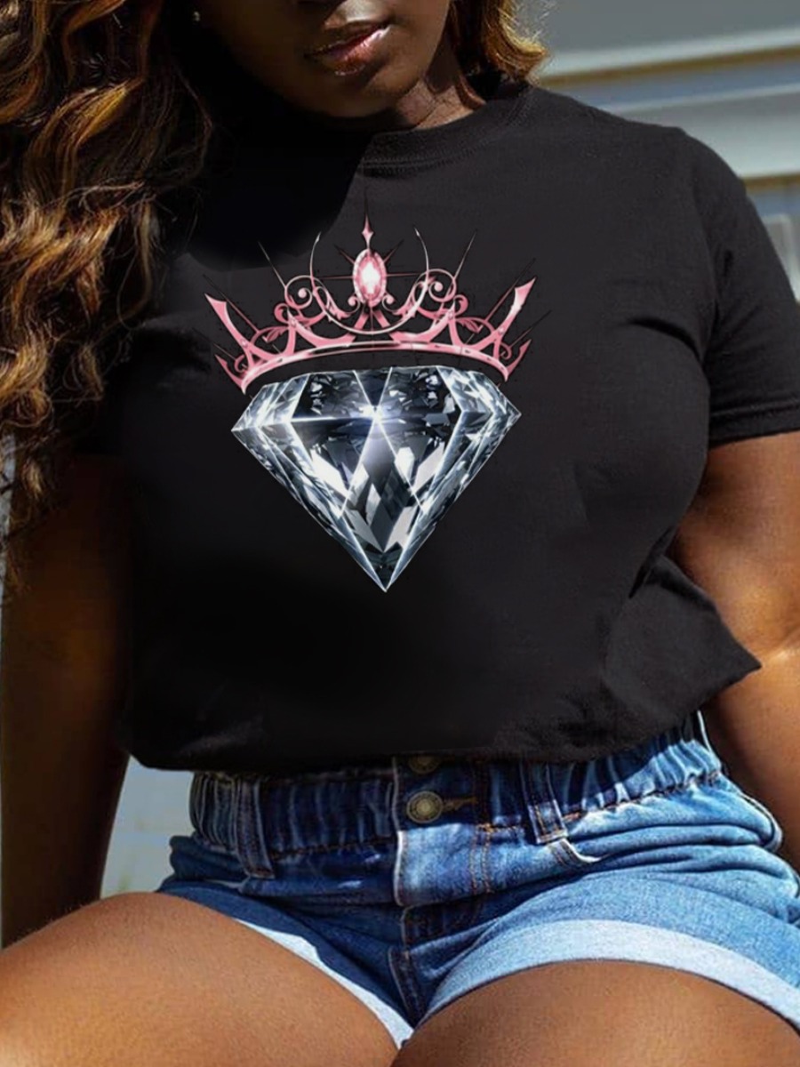 

LW Plus Size Round Neck Crown Print T-shirt, Black