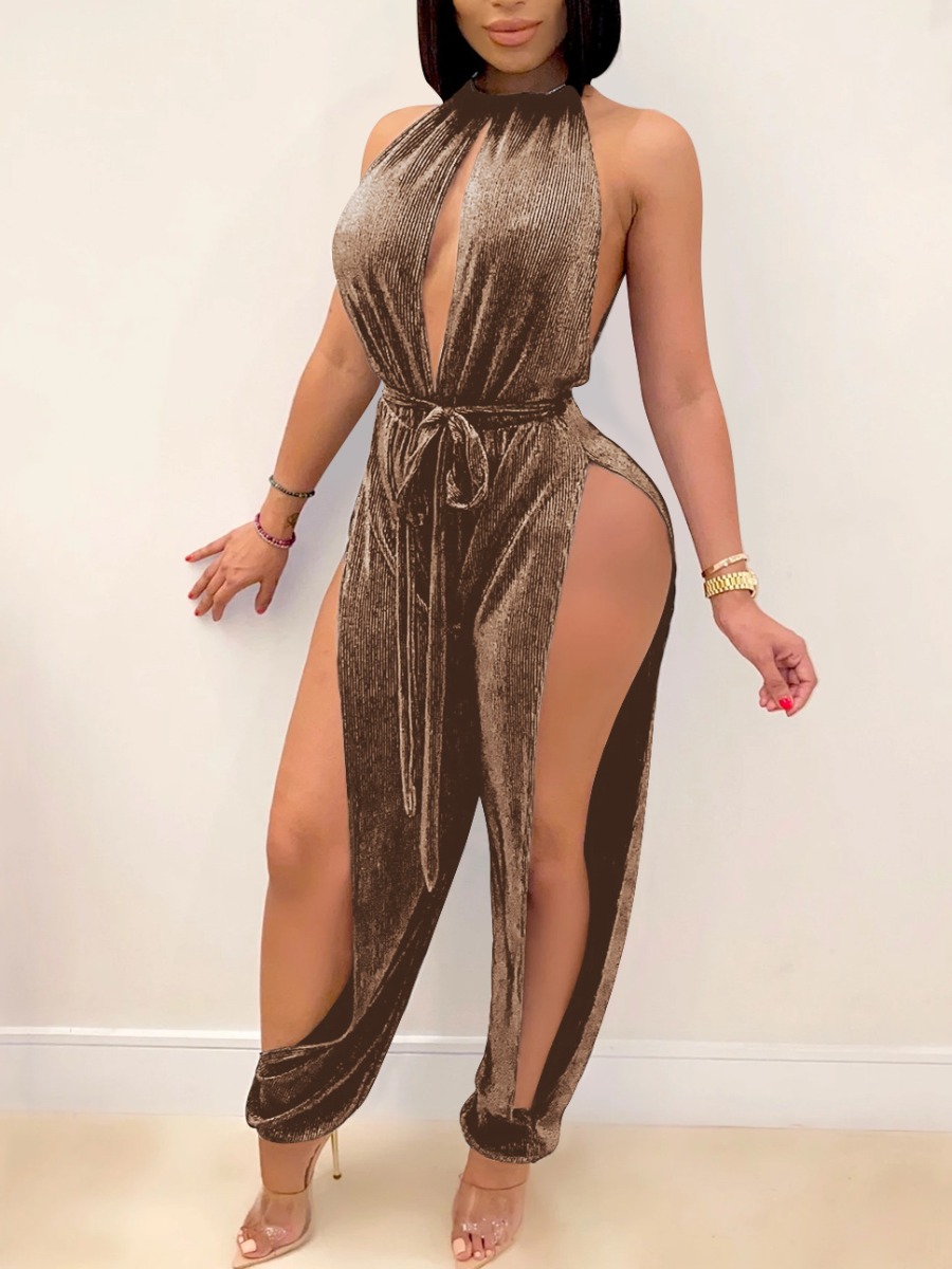 

LW SXY Split Leg Bandage Design Jumpsuit, Brown