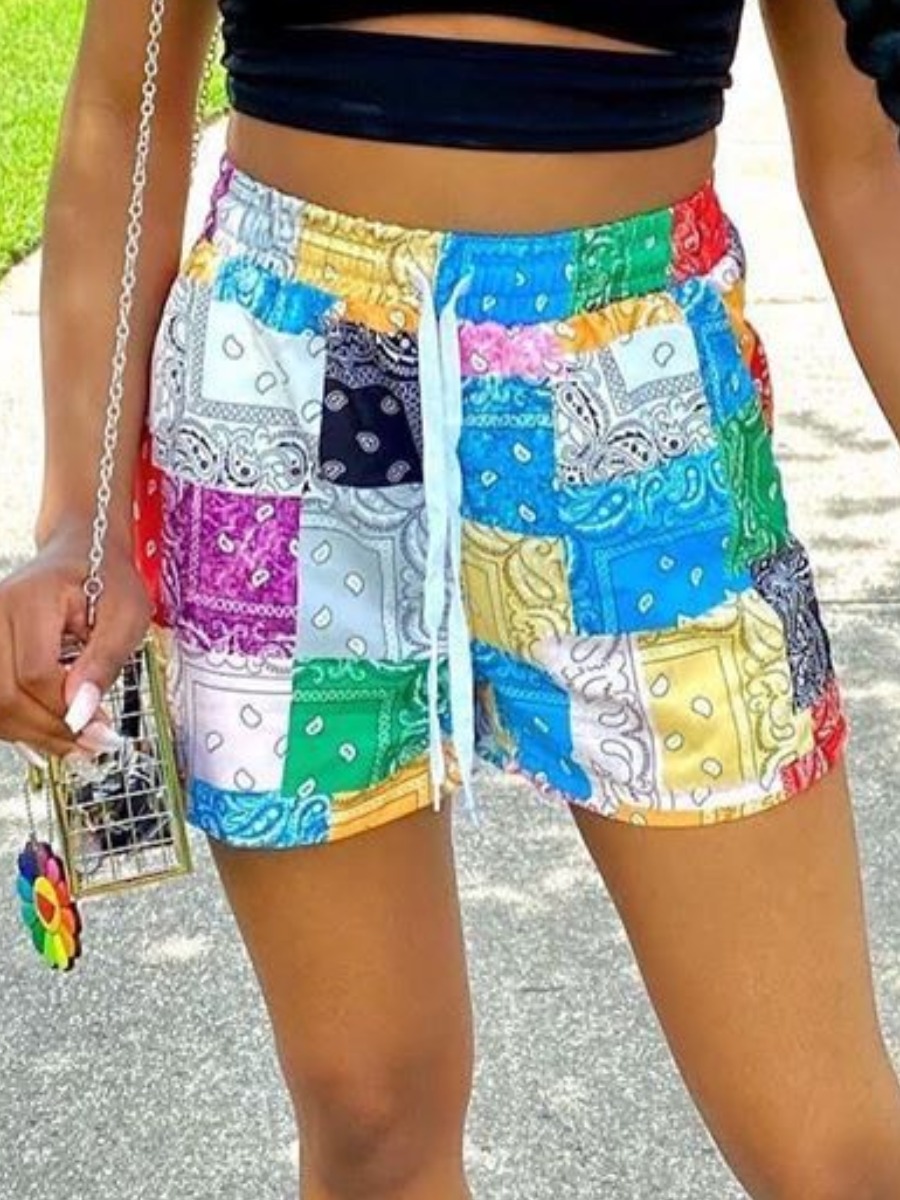 

LW Cashew Print Drawstring Shorts, Blue