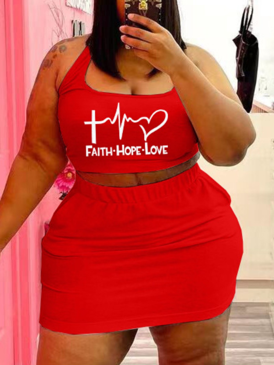 

LW BASICS Plus Size Heart Letter Print Skirt Set, Red