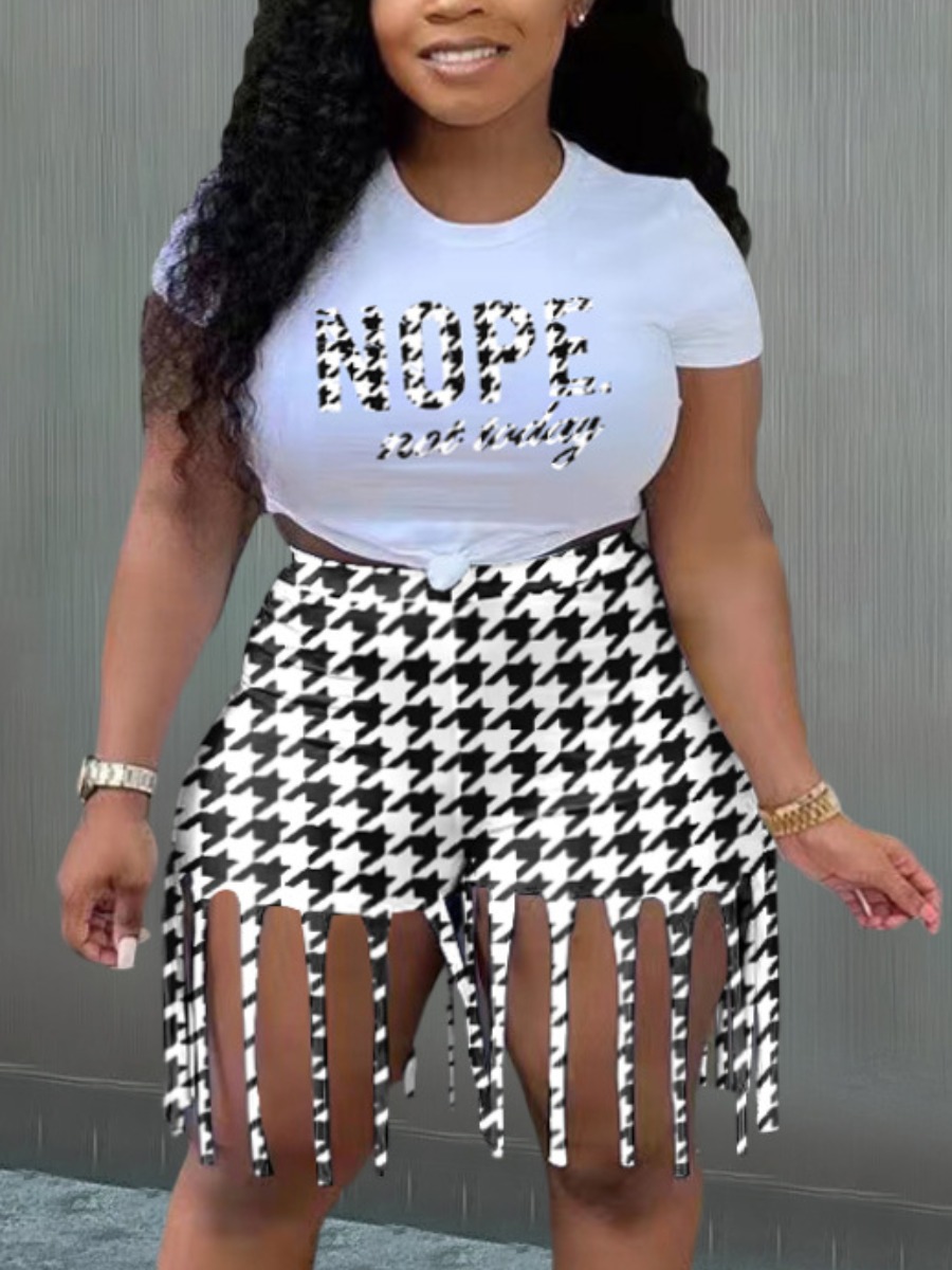

LW Letter Print Houndstooth Tassel Design Shorts Set, Hound stooth