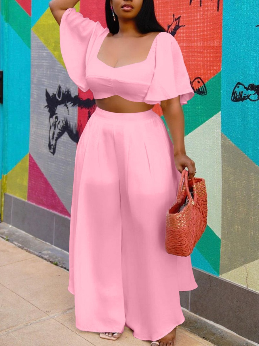 

LW Flounce Design Crop Top Wide Leg Pants Set, Pink