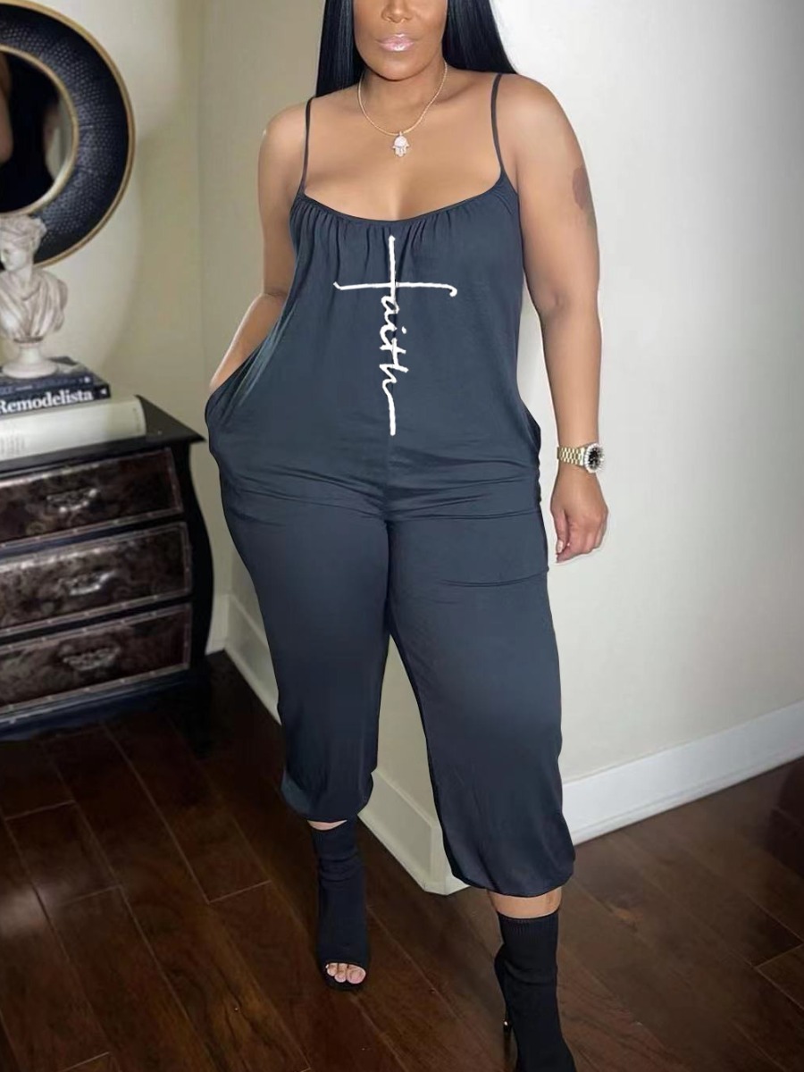 

LW Faith Letter Print Cami Jumpsuit, Dark grey