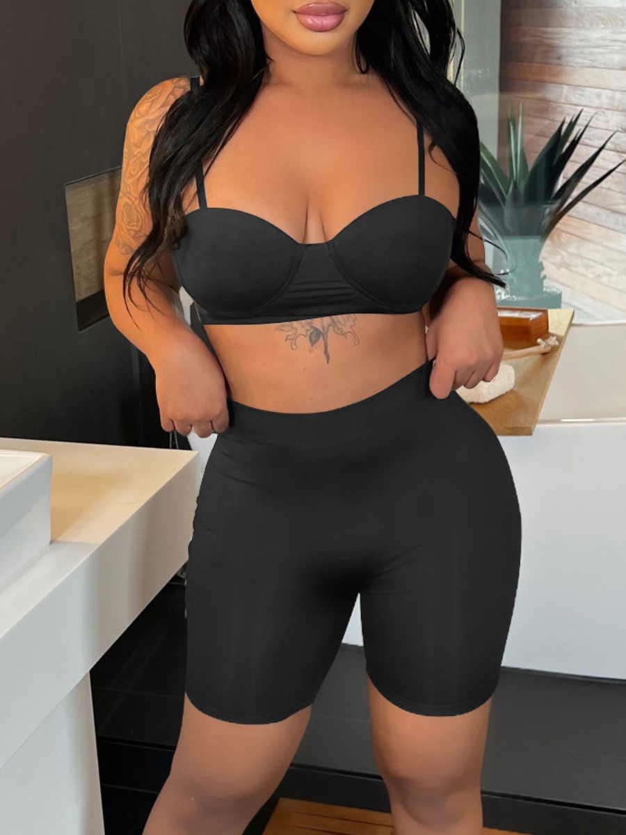 

LW Cami Skinny Stretchy Crop Top Shorts Set, Black