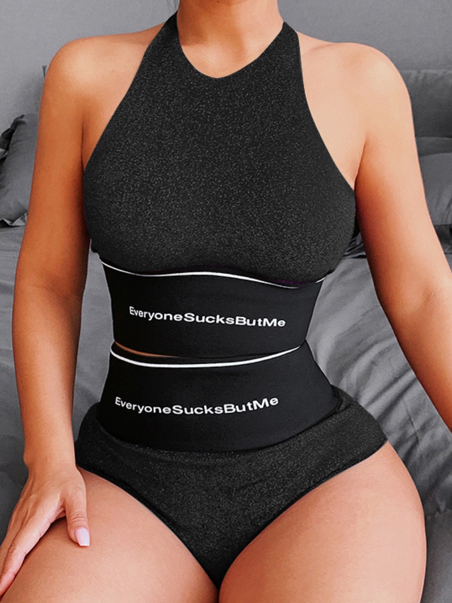

LW Letter Print Stretchy Shorts Set, Black