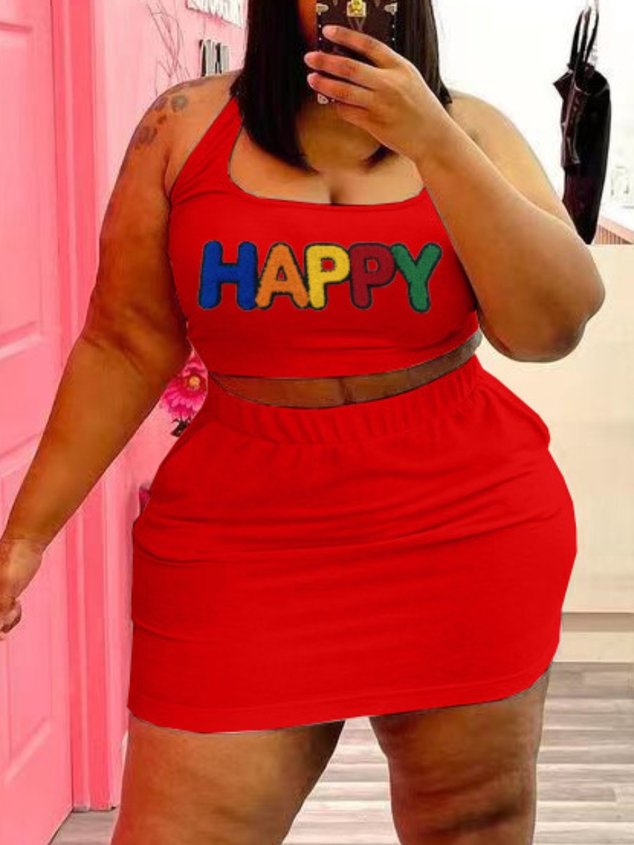 

LW Plus Size Letter Decor Stretchy Skirt Set, Red