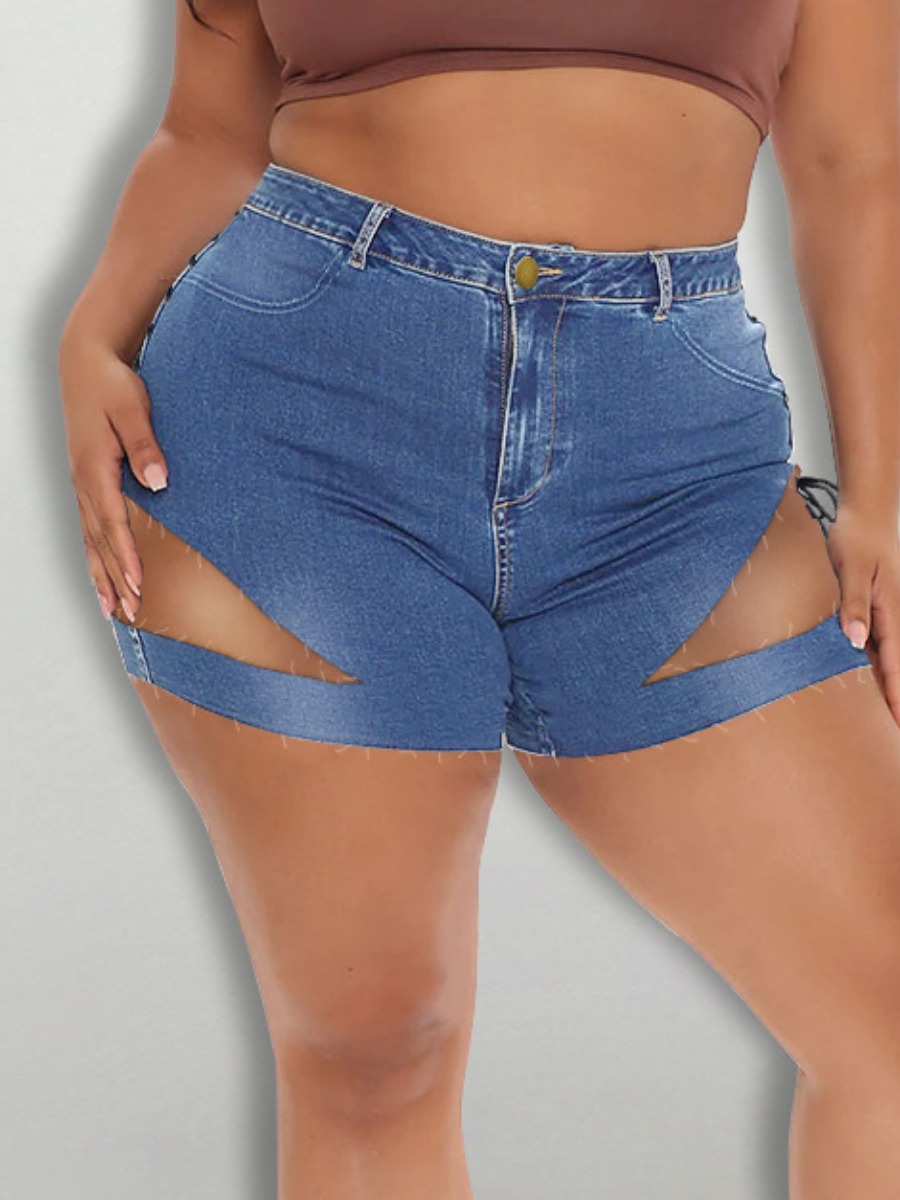 

LW Plus Size Ripped Raw Edge Denim Shorts, Blue