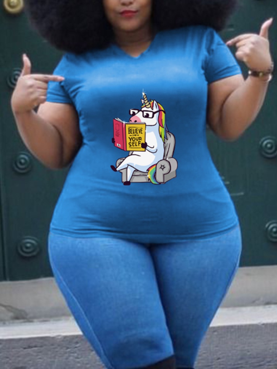 

LW COTTON Plus Size Book Cartoon Print T-shirt, Blue