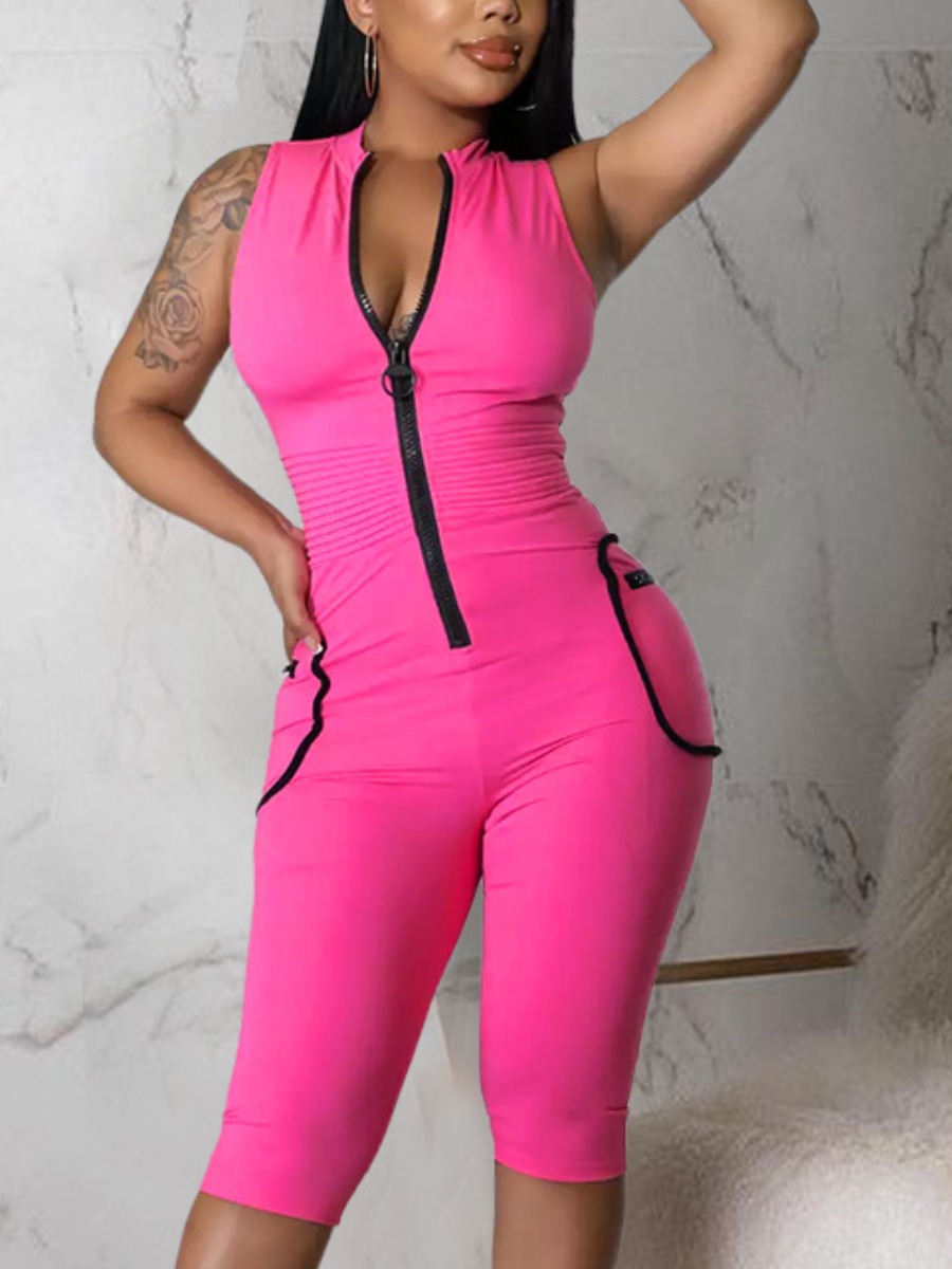 

LW Zipper Design Skinny Romper, Rose red