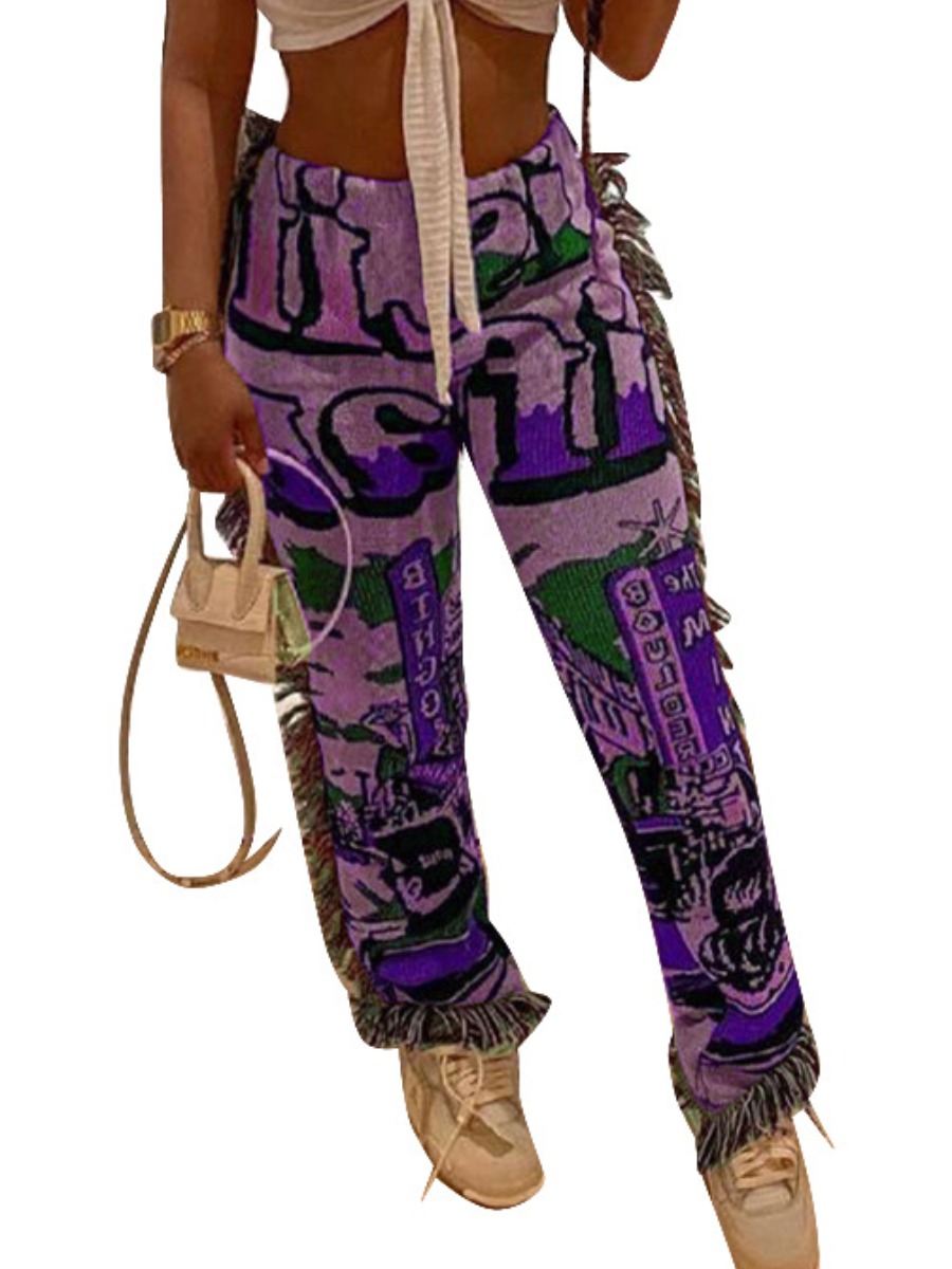

LW Letter Print Tassel Design Pants, Purple
