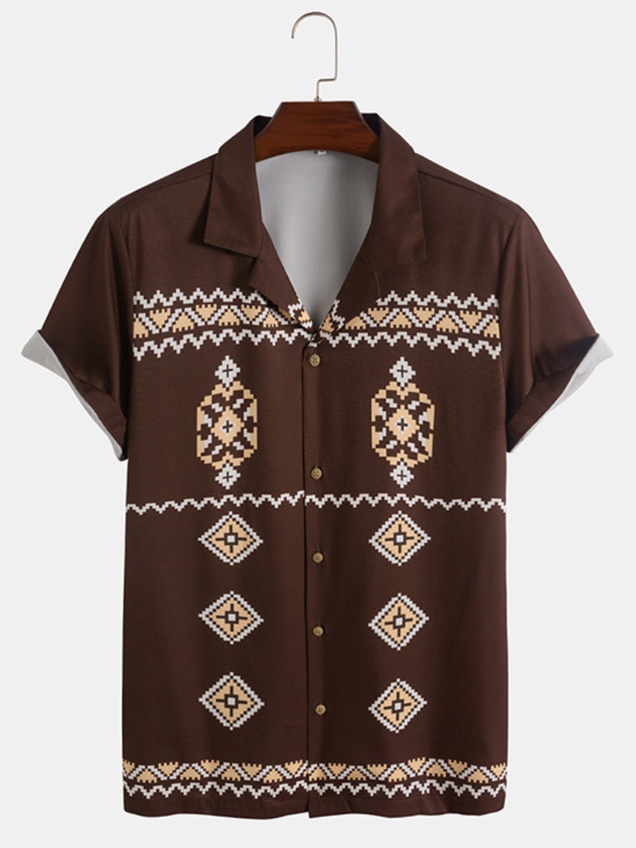 

LW COTTON Men Geometric Print Patchwork Shirt, Brown