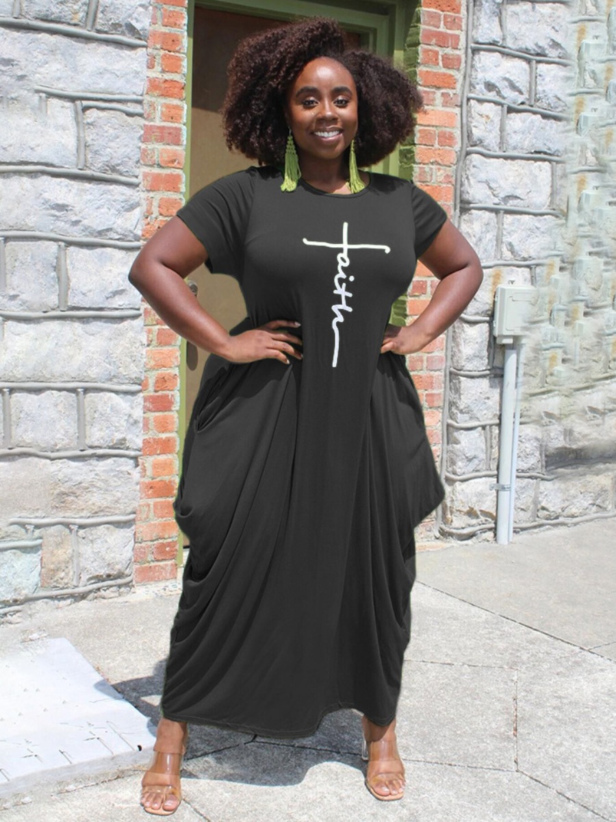 LW BASICS Plus Size Faith Letter Print Fold Design Dress