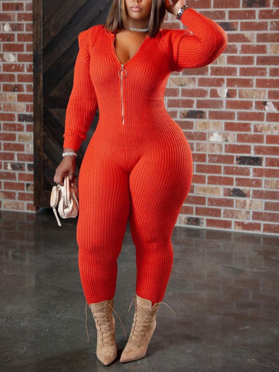 

LW SXY Plus Size Rib-Knit Zipper Design Jumpsuit, Jacinth