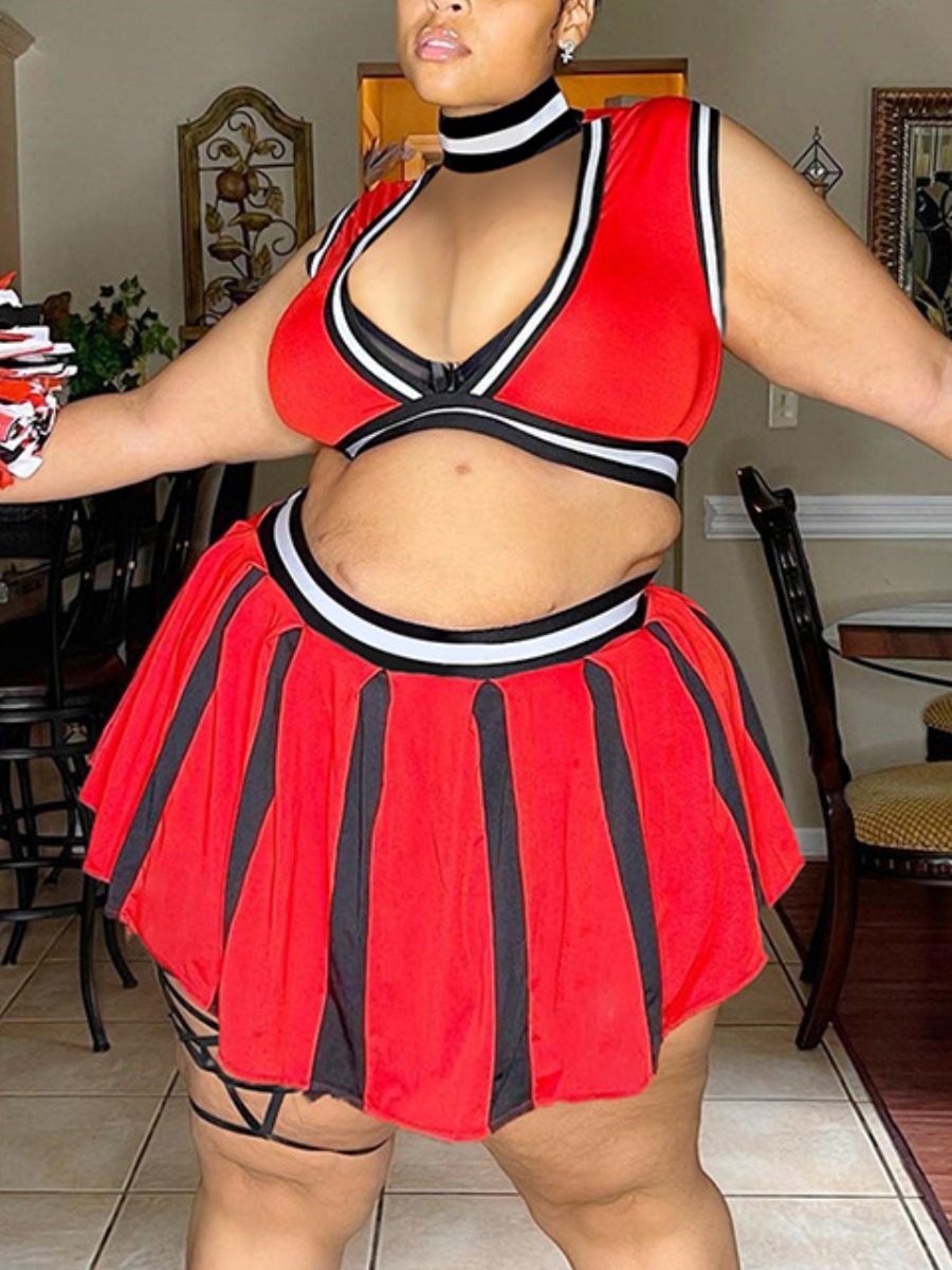

LW Plus Size Crop Top Striped Skirt Set, Red