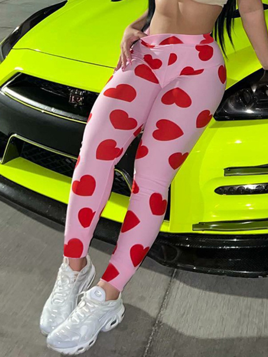 

LW Mid Waist Heart Print Skinny Pants, Pink