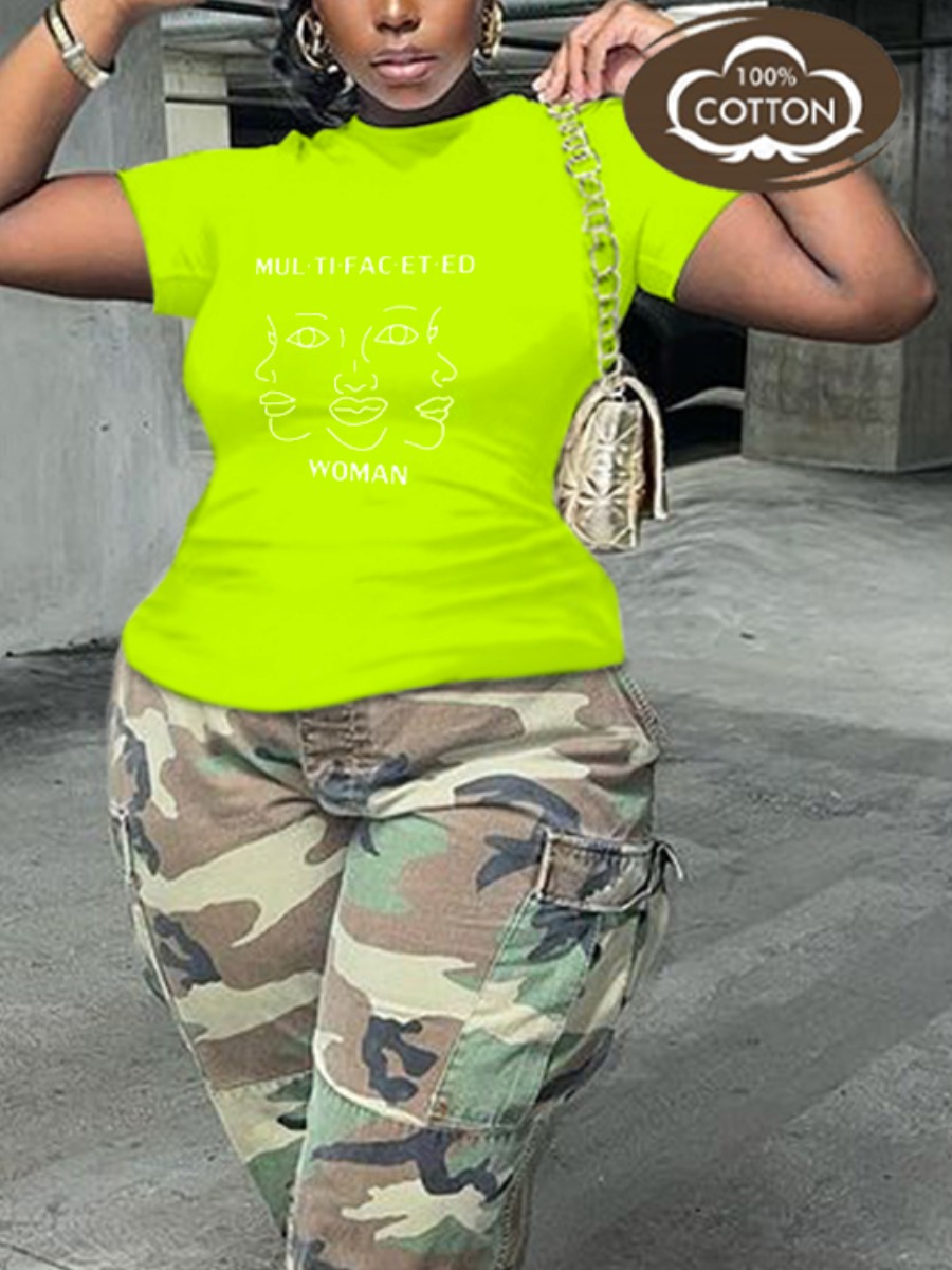 

LW COTTON Plus Size Figure Letter Print T-shirt, Green