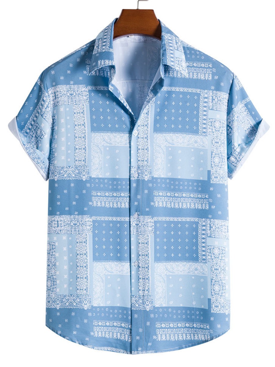 

LW Men Geometric Print Loose Shirt, Skyblue