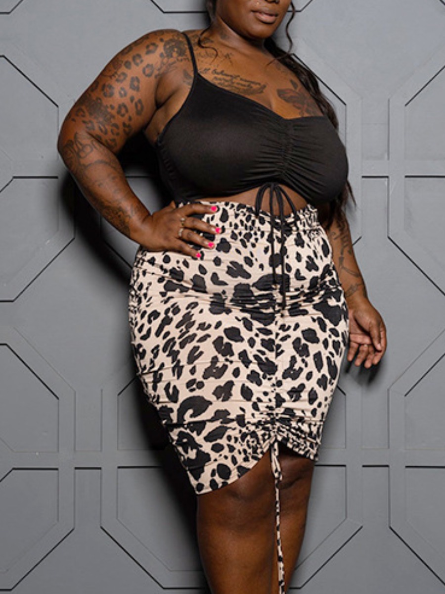 

LW Plus Size Leopard Print Drawstring Ruched Dress, Black