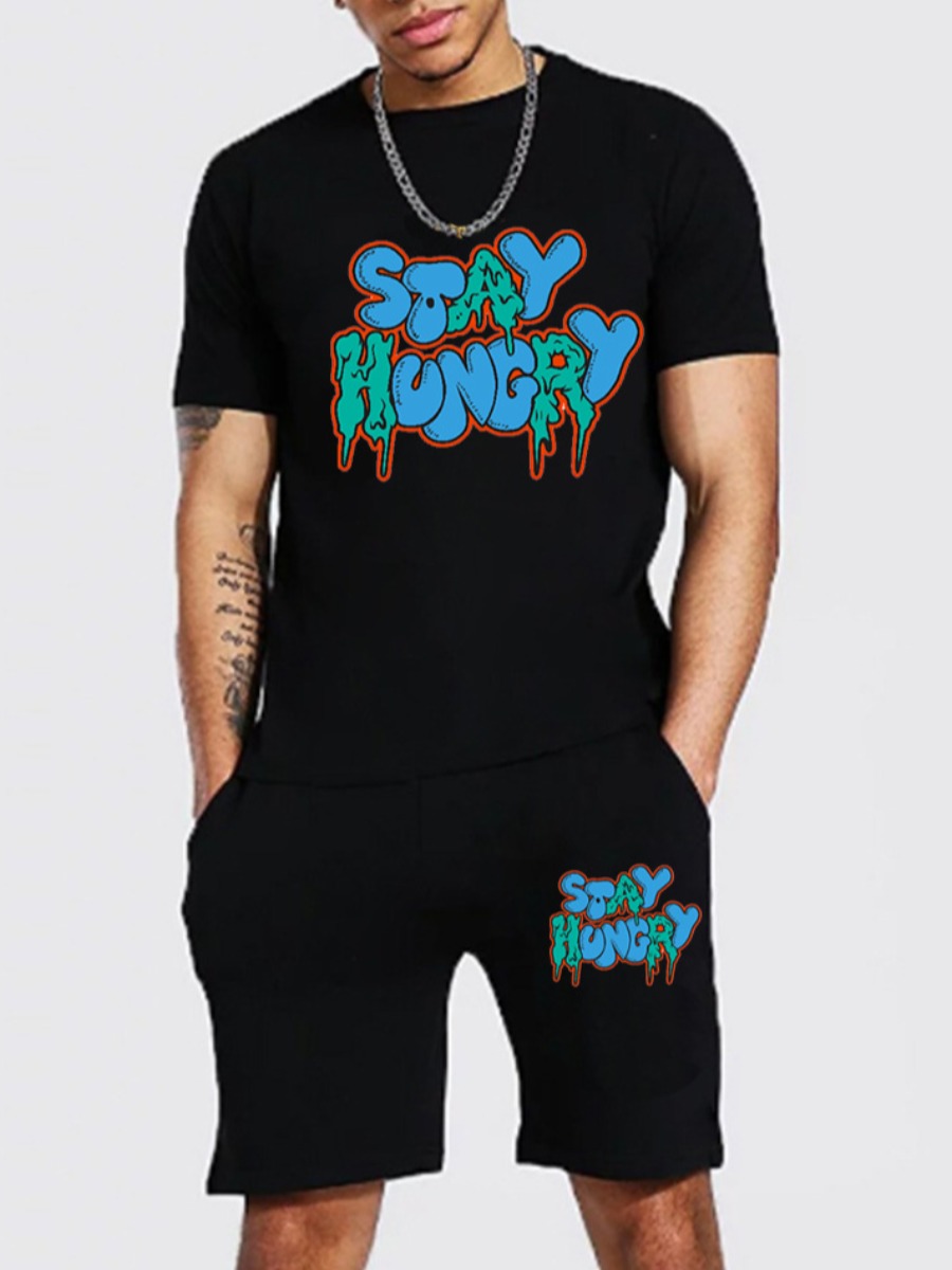 

LW Men Stay Hungry Letter Print Shorts Set, Black