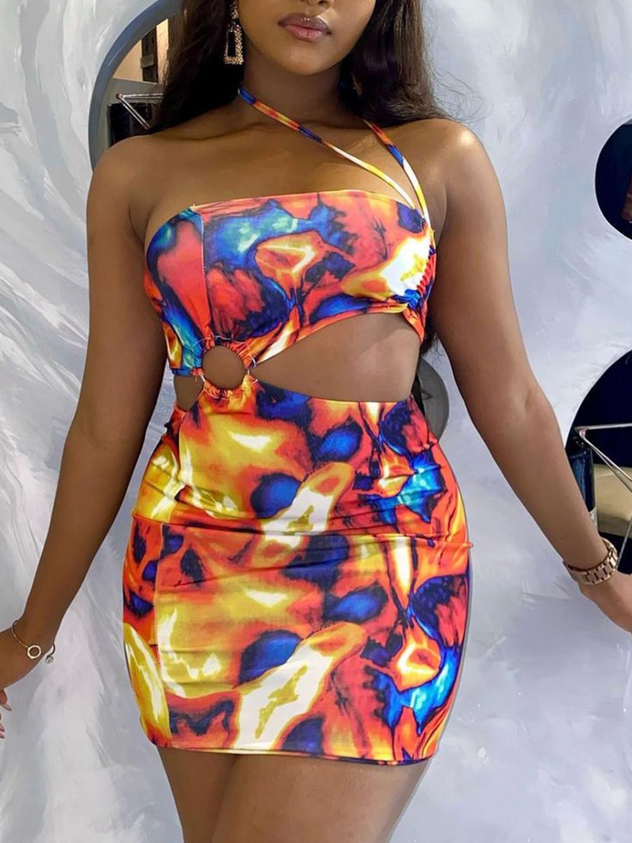 

LW SXY One Shoulder Mixed Print Cut Out Bodycon Dress, Multi