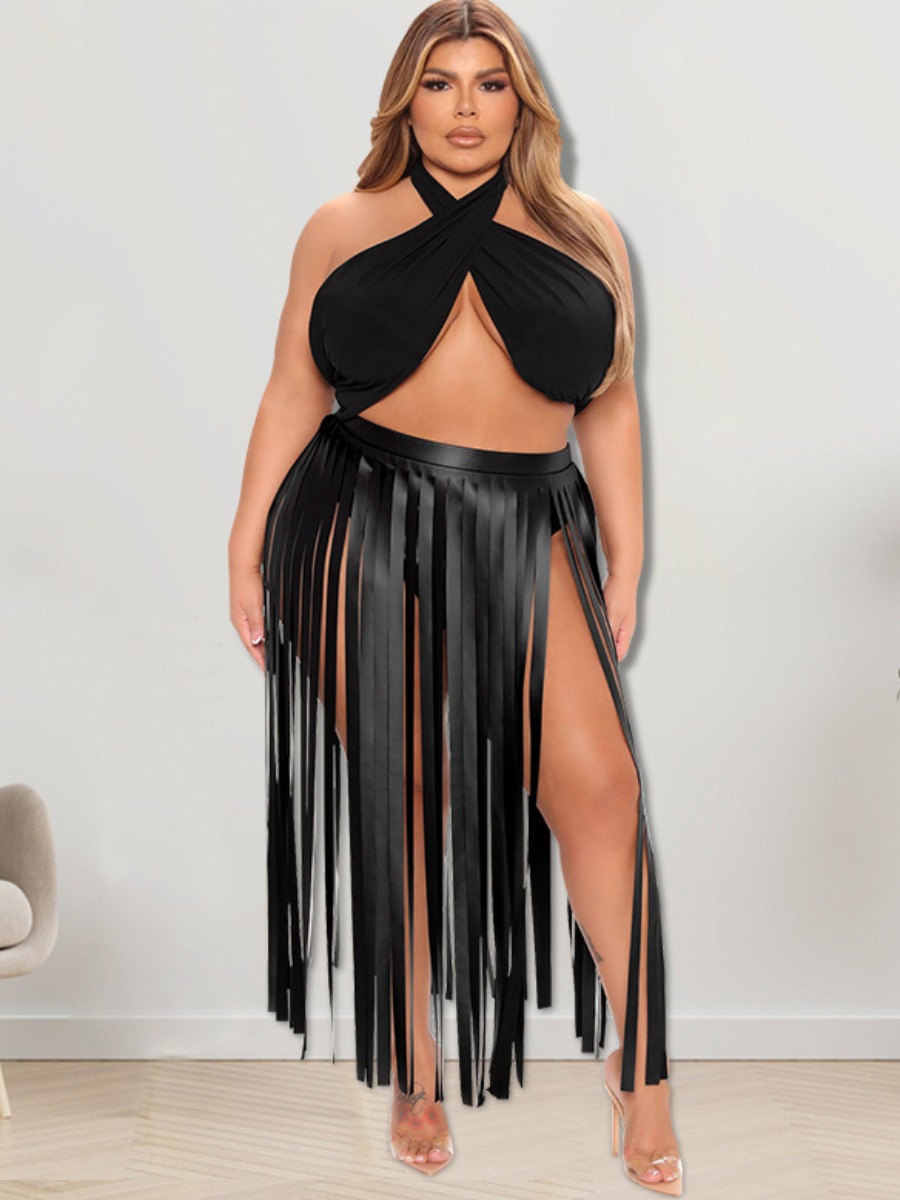 LW SXY Plus Size Leather Tassel Design Skirt Set