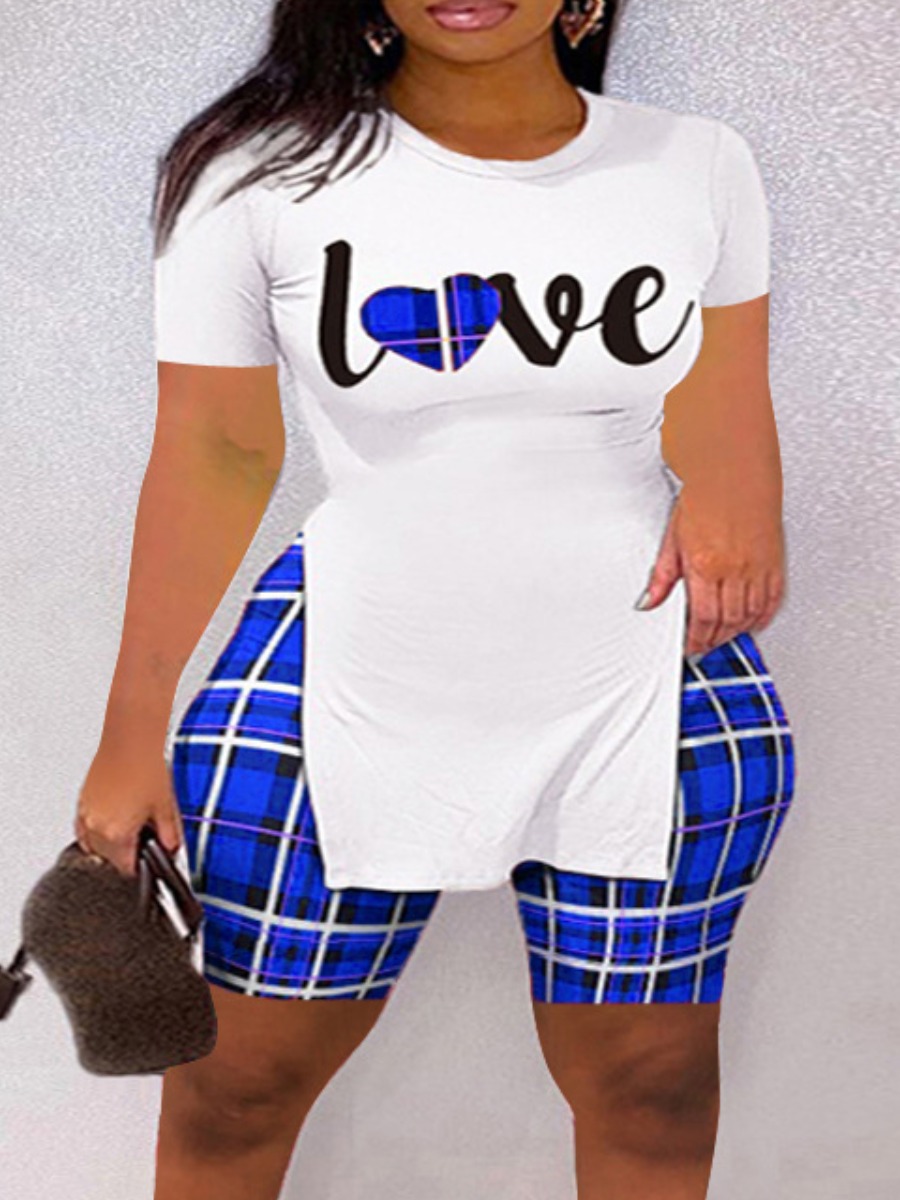 

LW BASICS Plus Size Plaid Letter Print Split Shorts Set, Blue