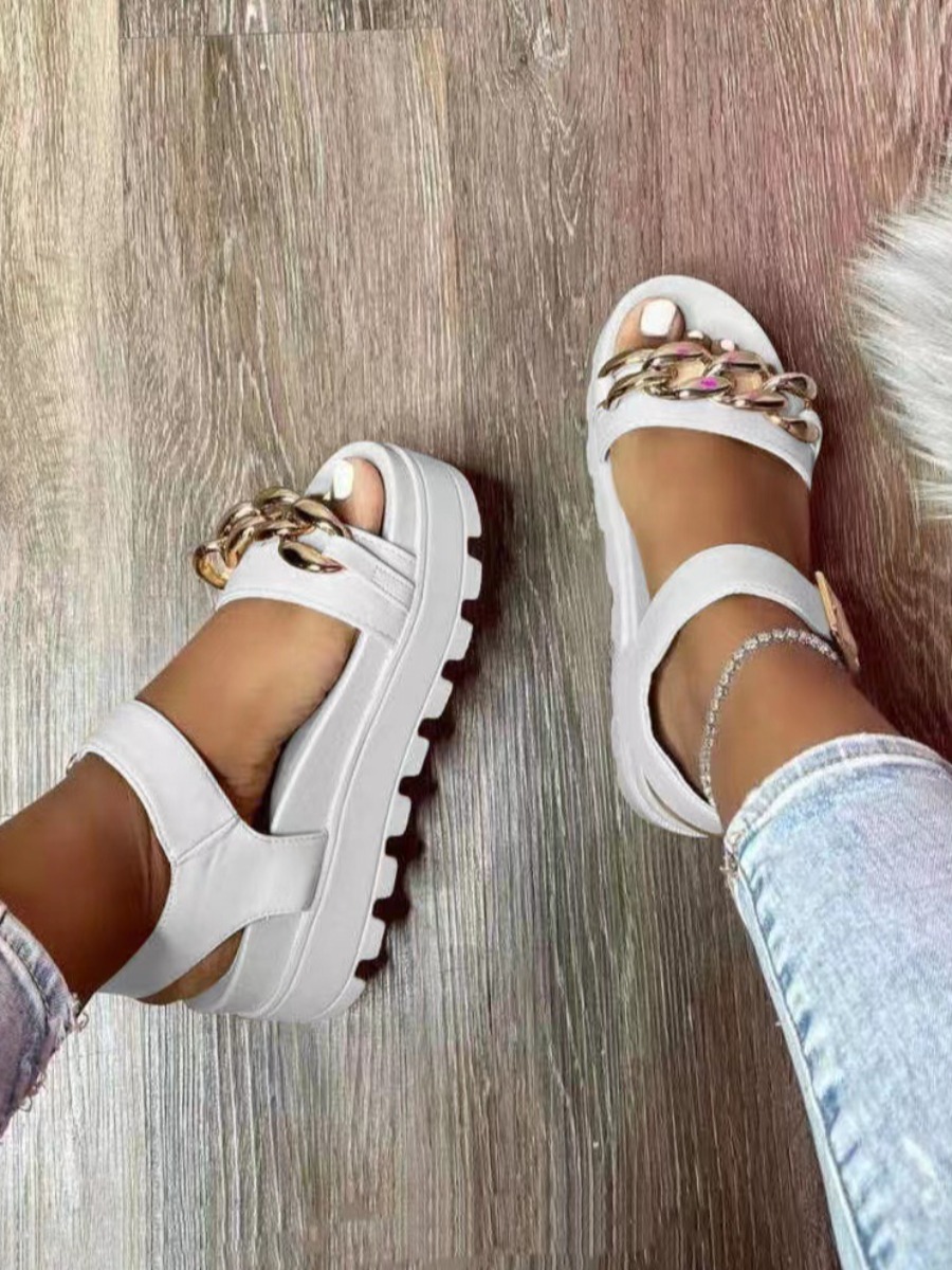 

LW Round Toe Chain Decor Sandals, White