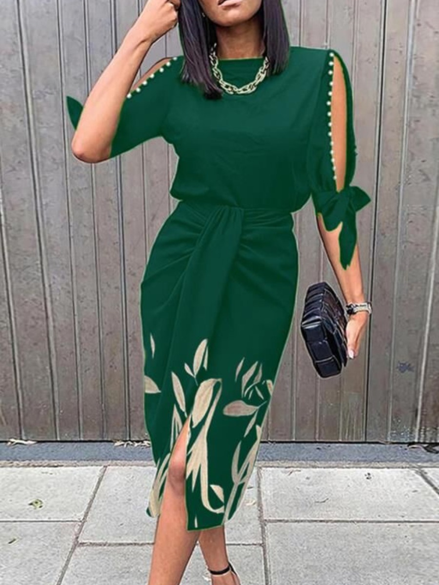 

LW SXY Plus Size Floral Print Pearl Fold Design Dress, Green