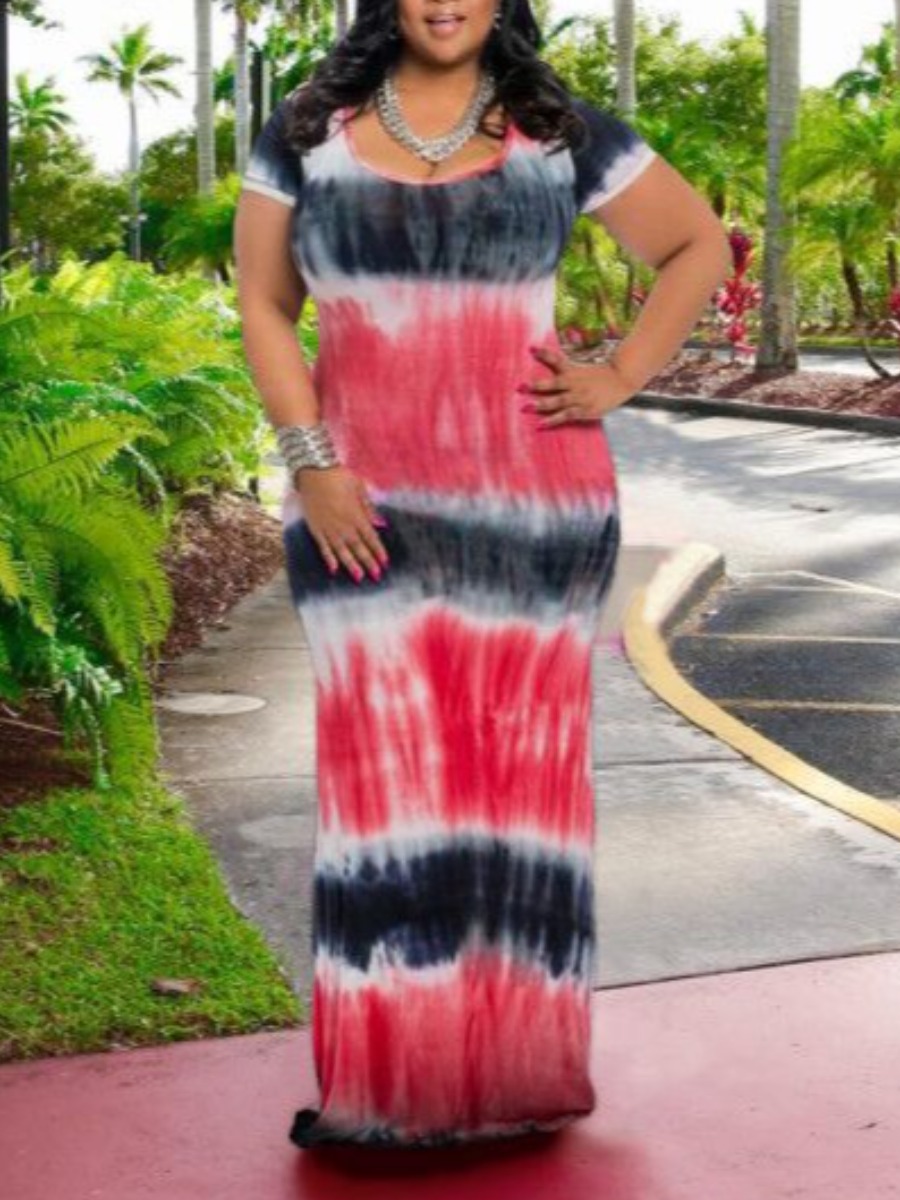 

LW Plus Size U Neck Tie-dye Dress, Watermelon red