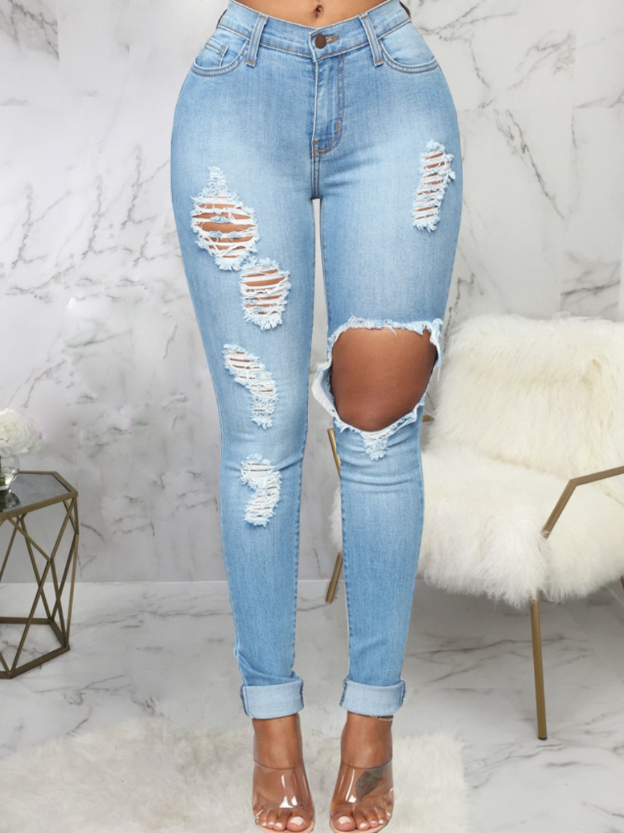 

LW High-waisted Ripped Stretchy Jeans, Baby blue