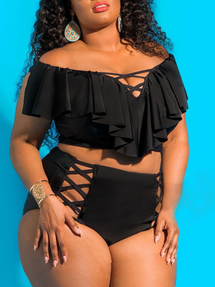 

LW SXY Plus Size Off The Shoulder Flounce Design Bikini Set, Black