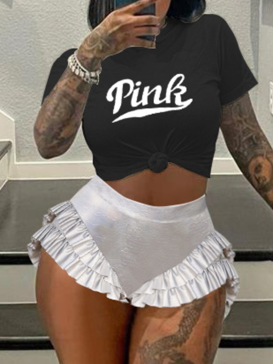 

LW Pink Letter Print Ruffle Design Shorts Set, Black