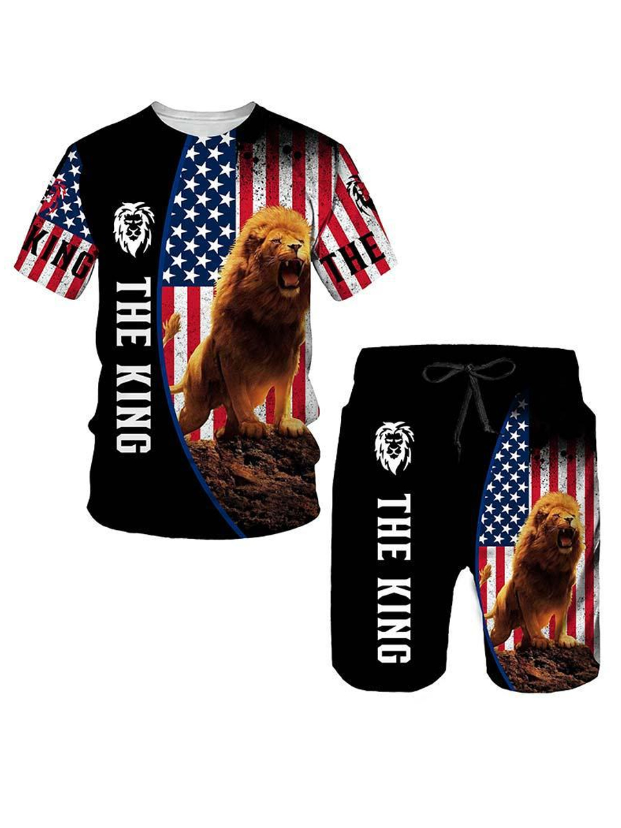 

LW Men American Flag Lion Print Shorts Set, Black
