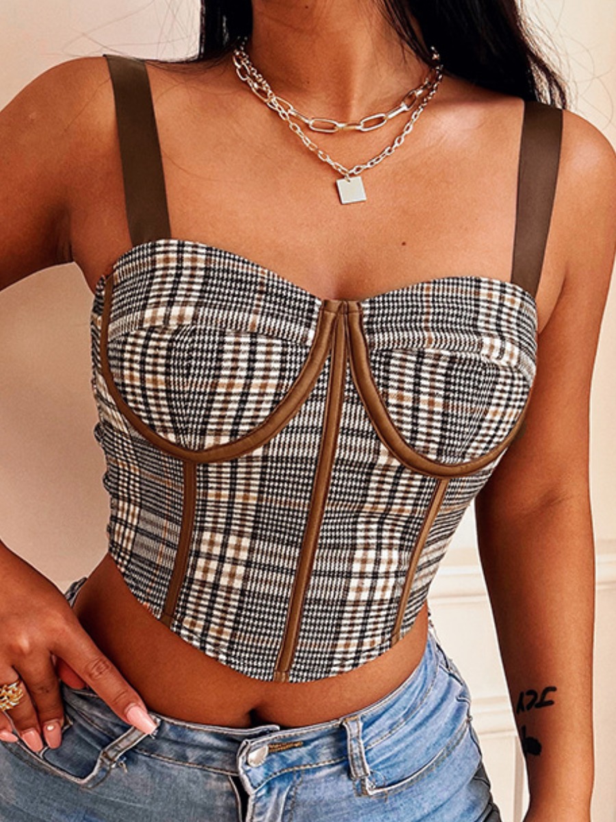 

LW SXY Plaid Print Skinny Camisole, Black and white grey