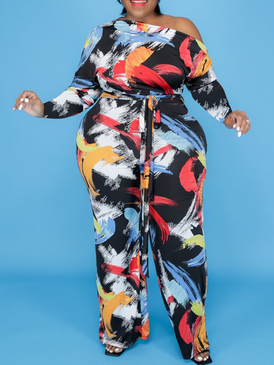 

LW Plus Size Boat Neck Mixed Print Jumpsuit, Black