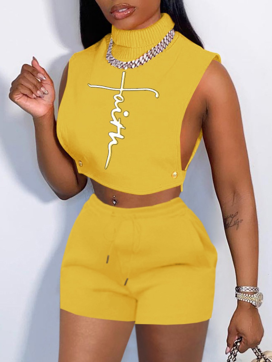 

LW Faith Letter Print Side Split Shorts Set, Yellow